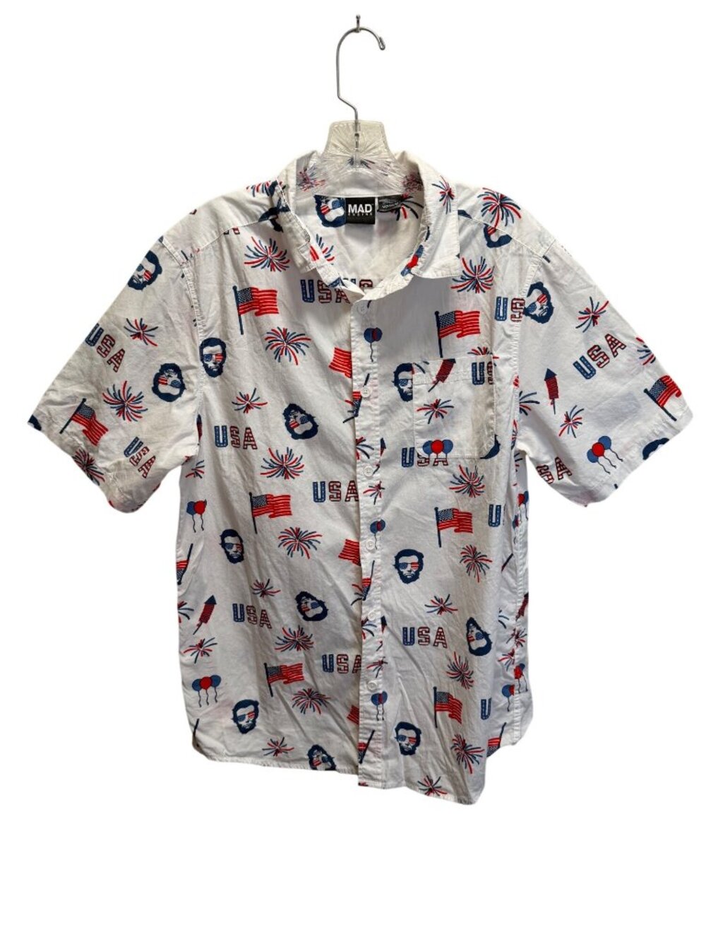 Mad Engine Mens USA Patriotic Short Sleeve Button-Up Shirt Medium Cotton